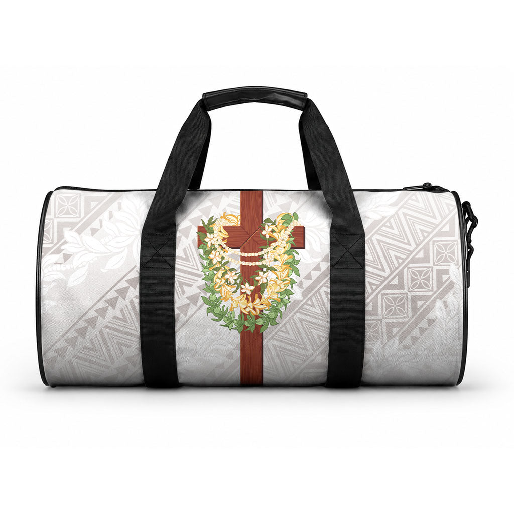 Hawaii ⁠Ka Pule a ka Haku Memorial Duffle Bag Flower Lei Cross - Ivory White