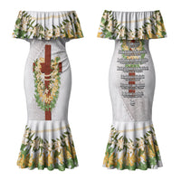 Hawaii Ka Pule a ka Haku Memorial Family Matching Mermaid Dress and Hawaiian Shirt Flower Lei Cross - Ivory White LT7 Mom's Dress Ivory - Polynesian Pride