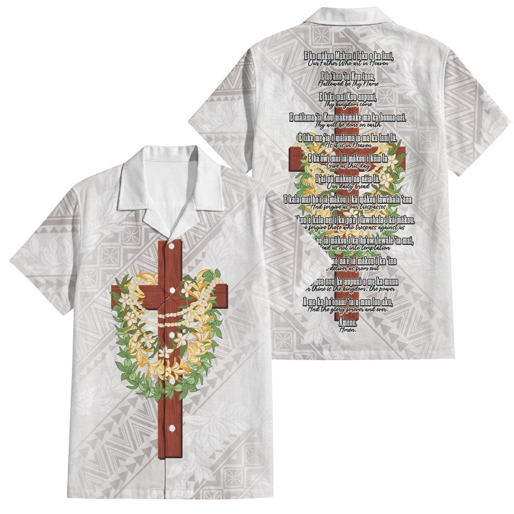 Hawaii Ka Pule a ka Haku Memorial Family Matching Mermaid Dress and Hawaiian Shirt Flower Lei Cross - Ivory White LT7 Dad's Shirt - Short Sleeve Ivory - Polynesian Pride