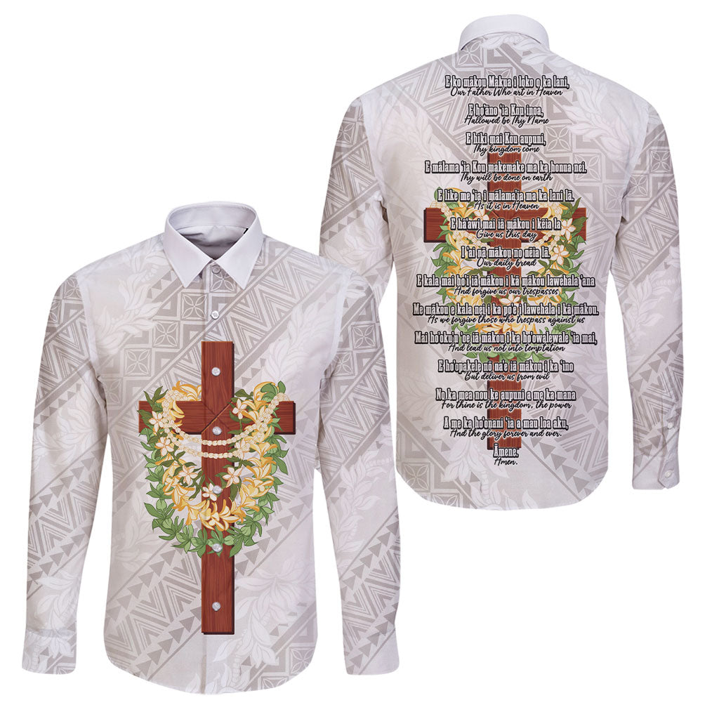 Hawaii Ka Pule a ka Haku Memorial Family Matching Mermaid Dress and Hawaiian Shirt Flower Lei Cross - Ivory White LT7 Dad's Shirt - Long Sleeve Ivory - Polynesian Pride