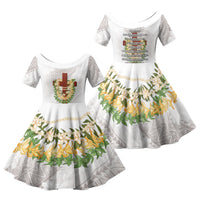 Hawaii Ka Pule a ka Haku Memorial Family Matching Mermaid Dress and Hawaiian Shirt Flower Lei Cross - Ivory White LT7 Daughter's Dress Ivory - Polynesian Pride