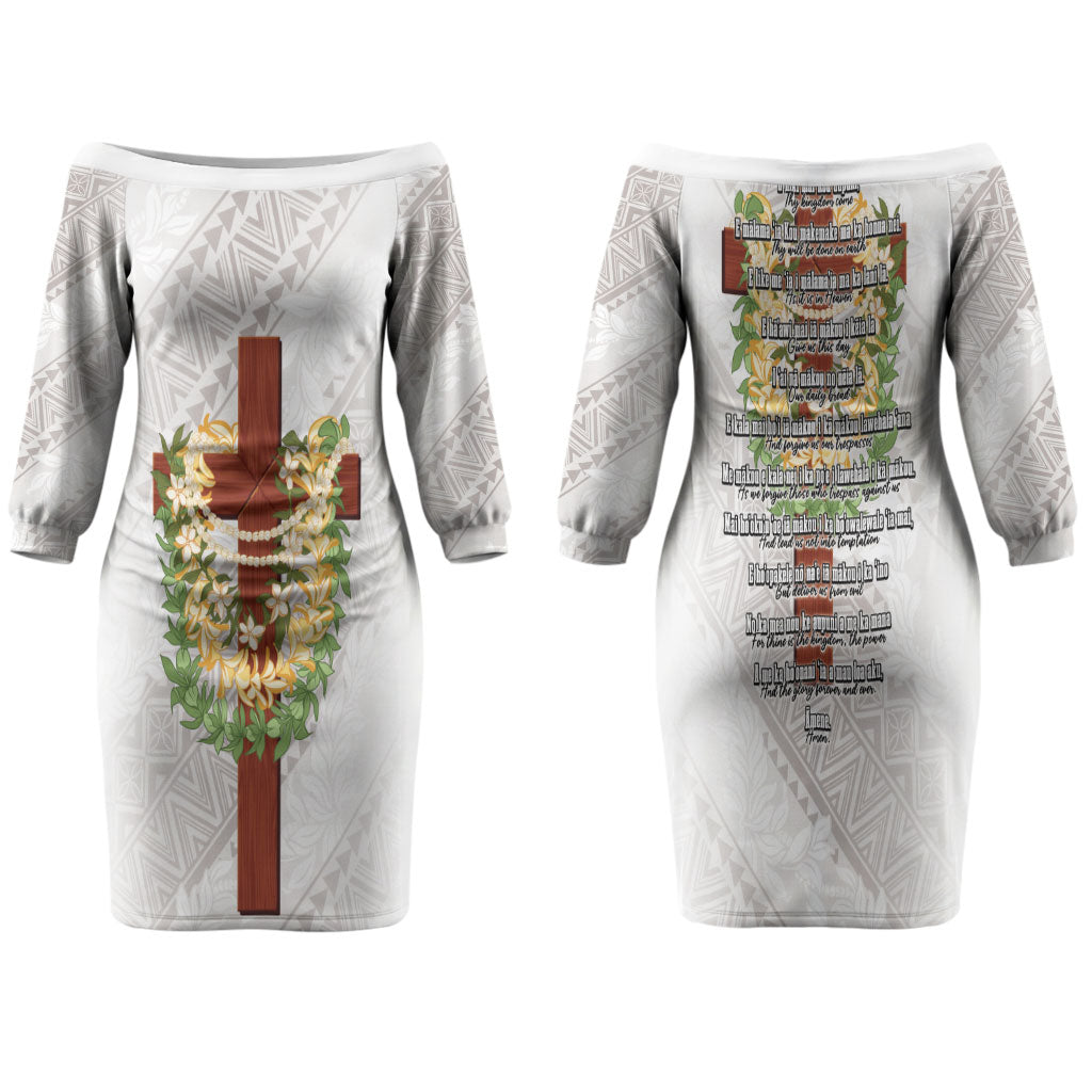 Hawaii Ka Pule a ka Haku Memorial Family Matching Off The Shoulder Long Sleeve Dress and Hawaiian Shirt Flower Lei Cross - Ivory White LT7 Mom's Dress Ivory - Polynesian Pride
