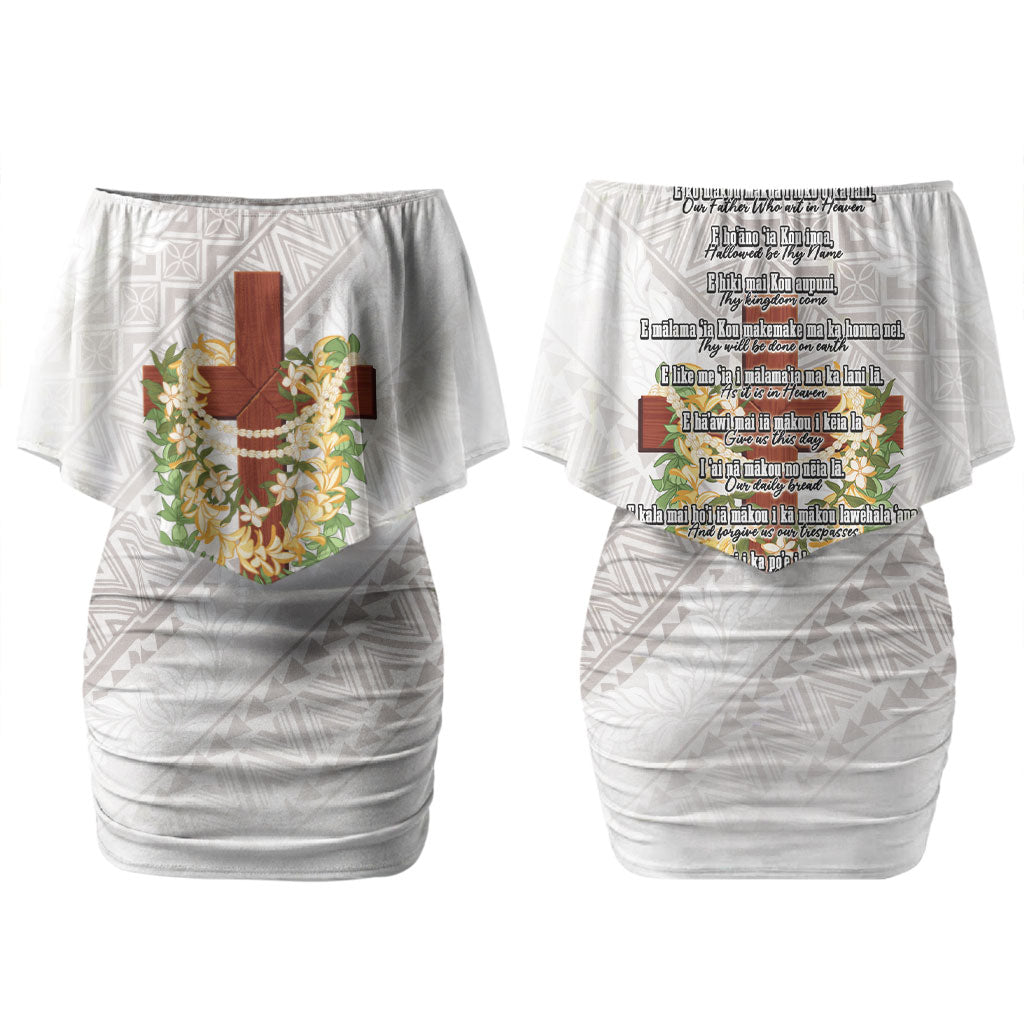 Hawaii Ka Pule a ka Haku Memorial Family Matching Off Shoulder Short Dress and Hawaiian Shirt Flower Lei Cross - Ivory White LT7 Mom's Dress Ivory - Polynesian Pride