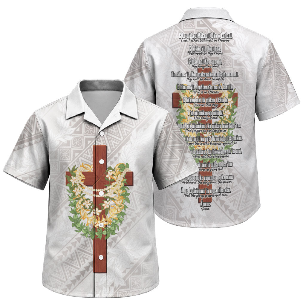 Hawaii Ka Pule a ka Haku Memorial Family Matching Off Shoulder Short Dress and Hawaiian Shirt Flower Lei Cross - Ivory White LT7 Son's Shirt Ivory - Polynesian Pride