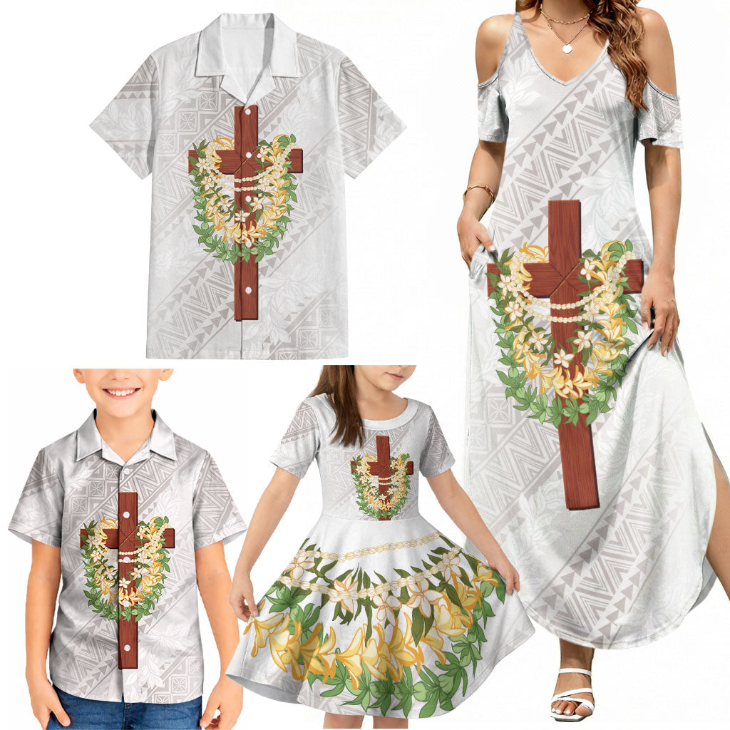 Hawaii ⁠Ka Pule a ka Haku Memorial Family Matching Summer Maxi Dress and Hawaiian Shirt Flower Lei Cross - Ivory White