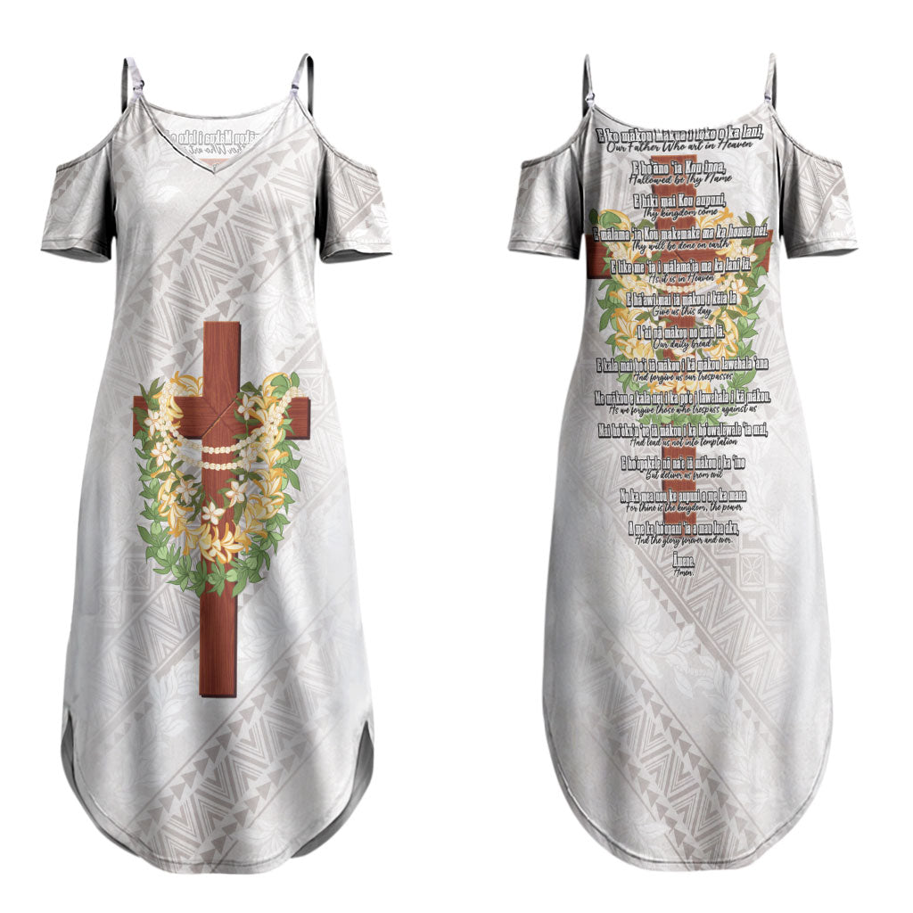 Hawaii Ka Pule a ka Haku Memorial Family Matching Summer Maxi Dress and Hawaiian Shirt Flower Lei Cross - Ivory White LT7 Mom's Dress Ivory - Polynesian Pride