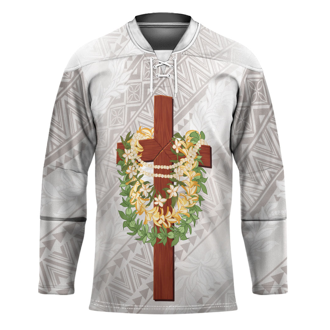 Hawaii ⁠Ka Pule a ka Haku Memorial Hockey Jersey Flower Lei Cross - Ivory White