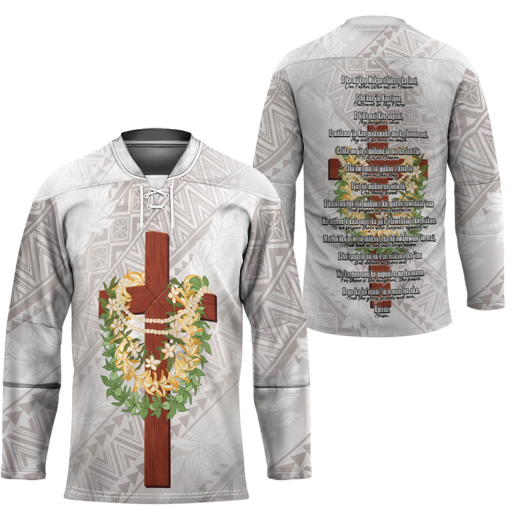 Hawaii Ka Pule a ka Haku Memorial Hockey Jersey Flower Lei Cross - Ivory White LT7 - Polynesian Pride