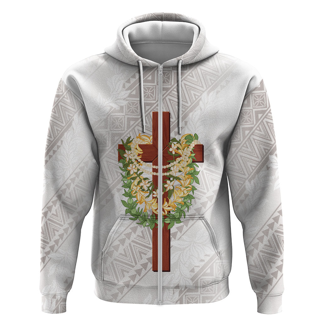 Hawaii Ka Pule a ka Haku Memorial Hoodie Flower Lei Cross - Ivory White LT7 Zip Hoodie Ivory - Polynesian Pride