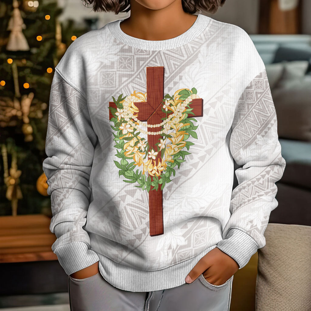 Hawaii ⁠Ka Pule a ka Haku Memorial Kid Ugly Christmas Sweater Flower Lei Cross - Ivory White