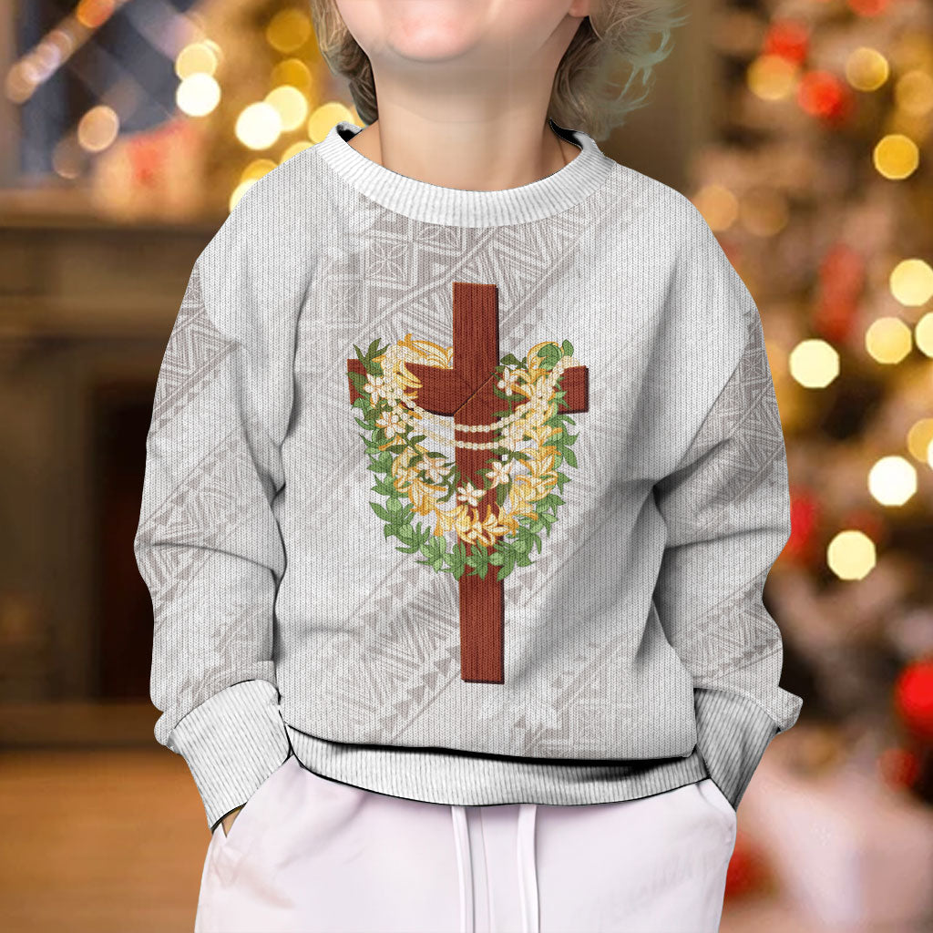 Hawaii ⁠Ka Pule a ka Haku Memorial Kid Ugly Christmas Sweater Flower Lei Cross - Ivory White