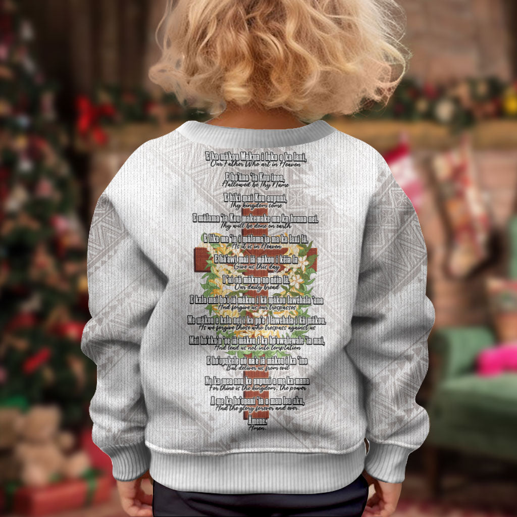 Hawaii ⁠Ka Pule a ka Haku Memorial Kid Ugly Christmas Sweater Flower Lei Cross - Ivory White