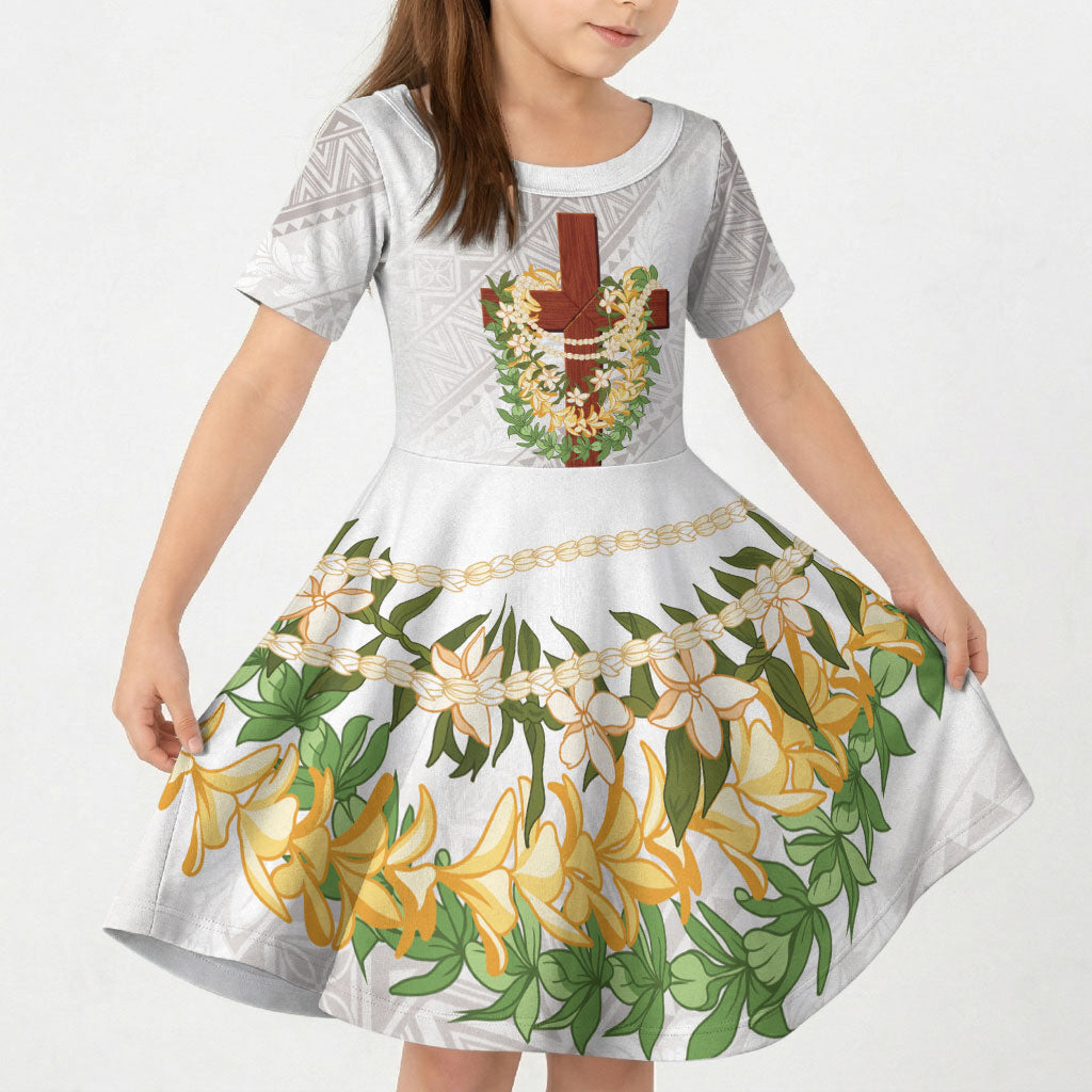 Hawaii Ka Pule a ka Haku Memorial Kid Short Sleeve Dress Flower Lei Cross - Ivory White LT7 KID Ivory - Polynesian Pride