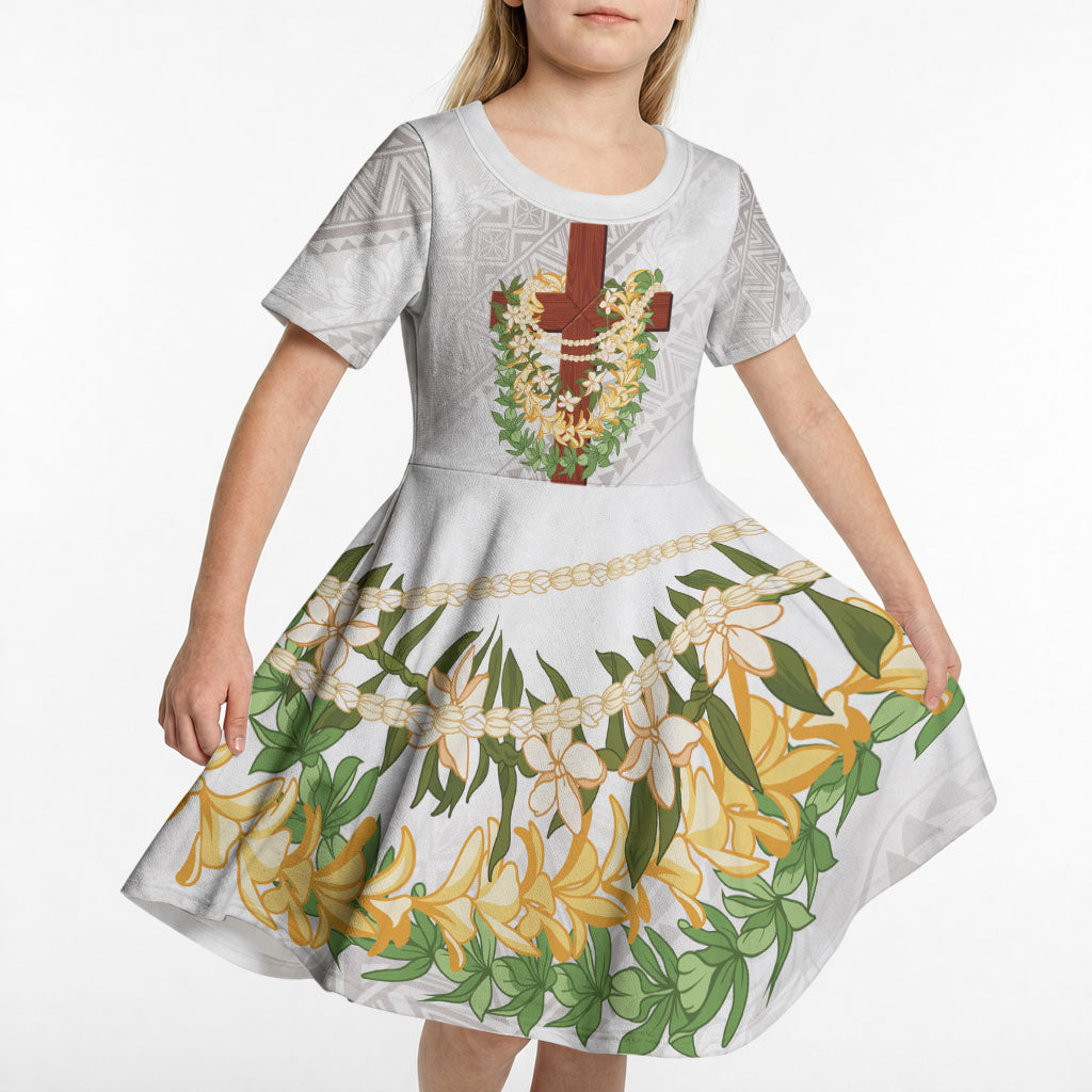 Hawaii Ka Pule a ka Haku Memorial Kid Short Sleeve Dress Flower Lei Cross - Ivory White LT7 - Polynesian Pride