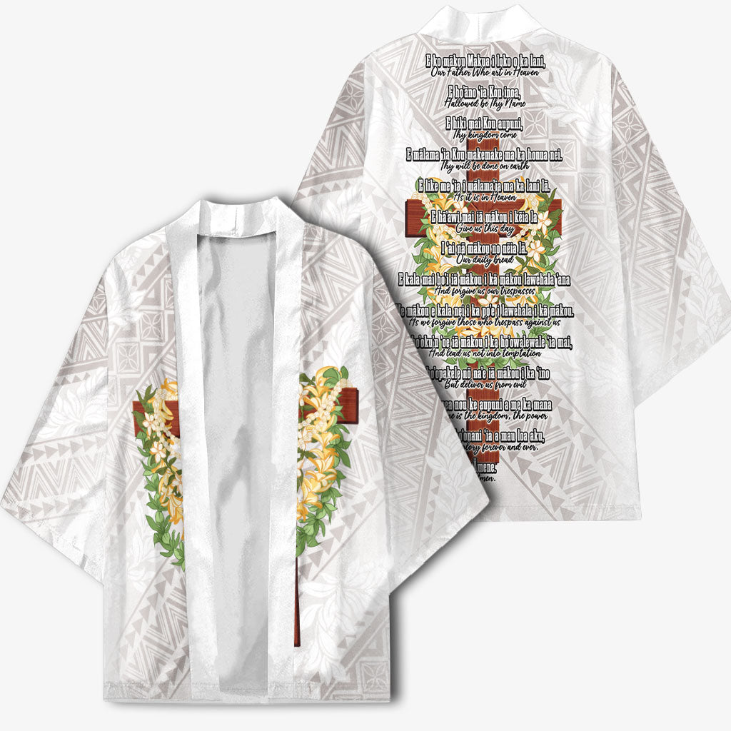Hawaii ⁠Ka Pule a ka Haku Memorial Kimono Flower Lei Cross - Ivory White