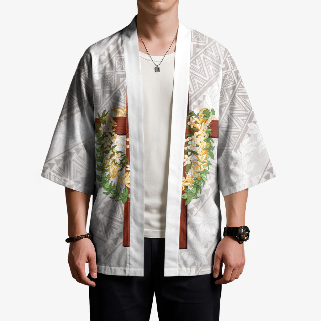 Hawaii ⁠Ka Pule a ka Haku Memorial Kimono Flower Lei Cross - Ivory White