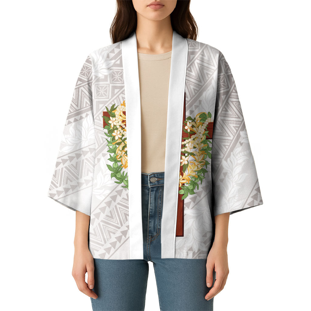 Hawaii ⁠Ka Pule a ka Haku Memorial Kimono Flower Lei Cross - Ivory White