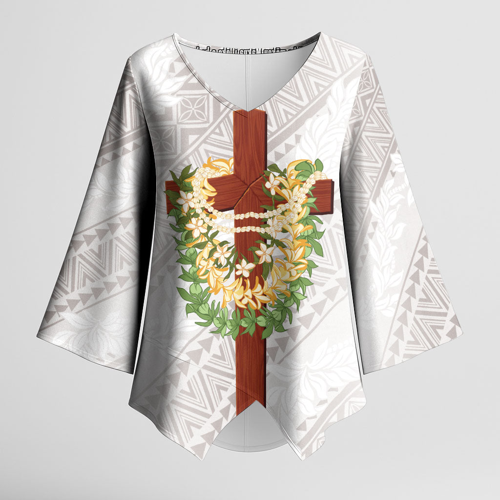 Hawaii Ka Pule a ka Haku Memorial Kimono Sleeve Blouse Flower Lei Cross - Ivory White LT7 Female Ivory - Polynesian Pride