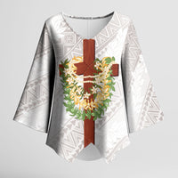 Hawaii Ka Pule a ka Haku Memorial Kimono Sleeve Blouse Flower Lei Cross - Ivory White LT7 Female Ivory - Polynesian Pride