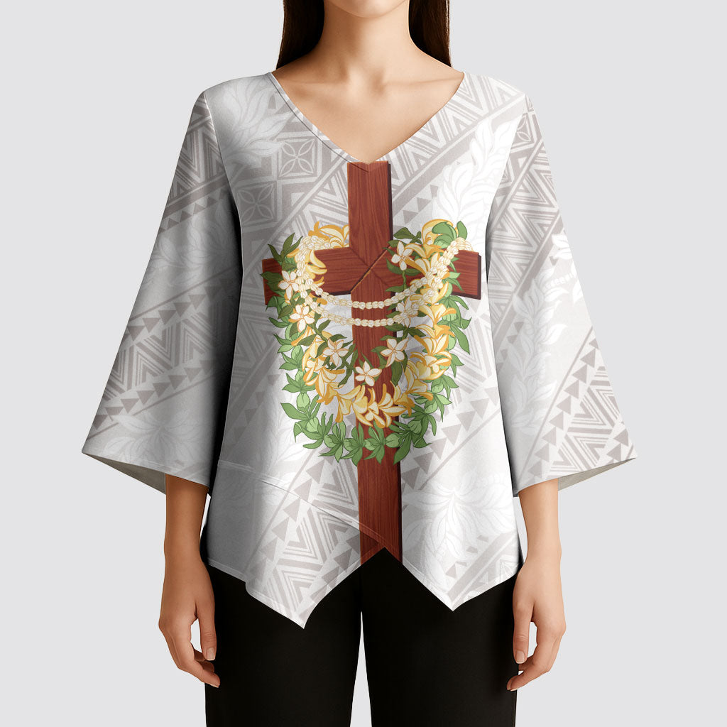 Hawaii Ka Pule a ka Haku Memorial Kimono Sleeve Blouse Flower Lei Cross - Ivory White LT7 - Polynesian Pride
