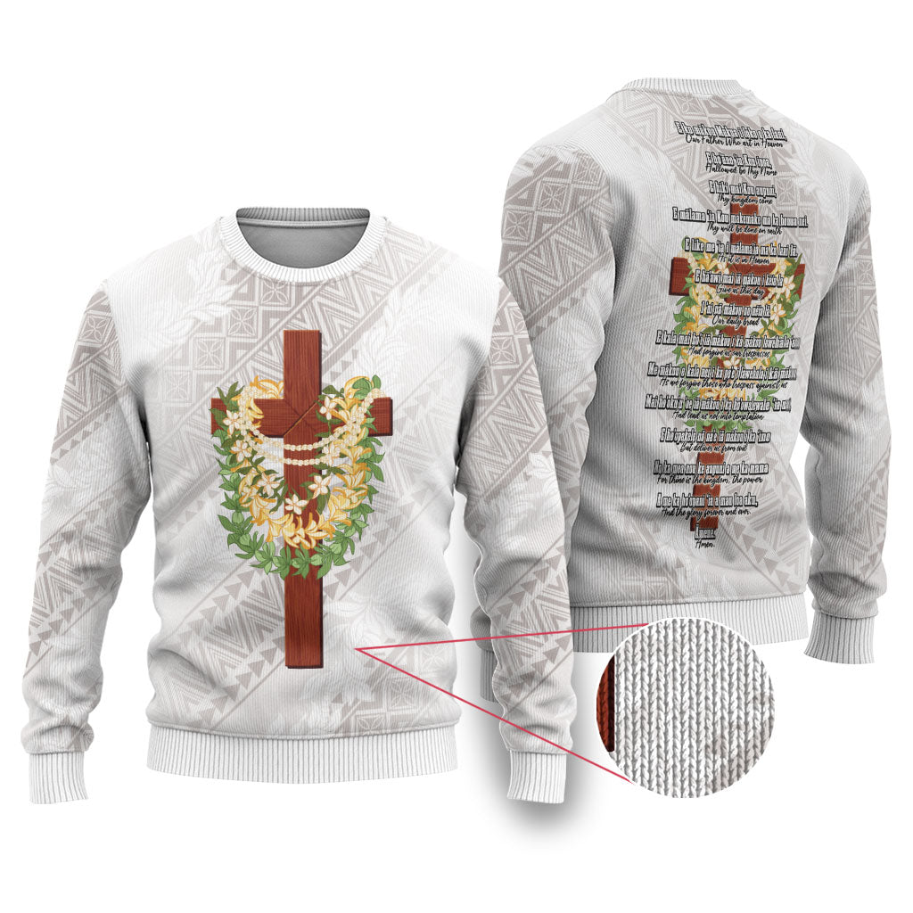 Hawaii ⁠Ka Pule a ka Haku Memorial Ugly Christmas Sweater Flower Lei Cross - Ivory White