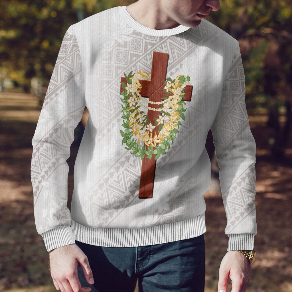 Hawaii ⁠Ka Pule a ka Haku Memorial Ugly Christmas Sweater Flower Lei Cross - Ivory White