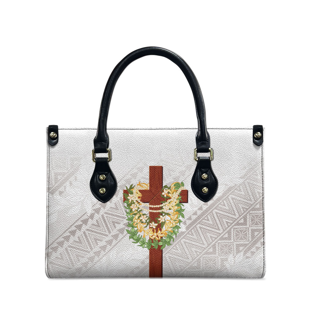 Hawaii ⁠Ka Pule a ka Haku Memorial Leather Bag Flower Lei Cross - Ivory White