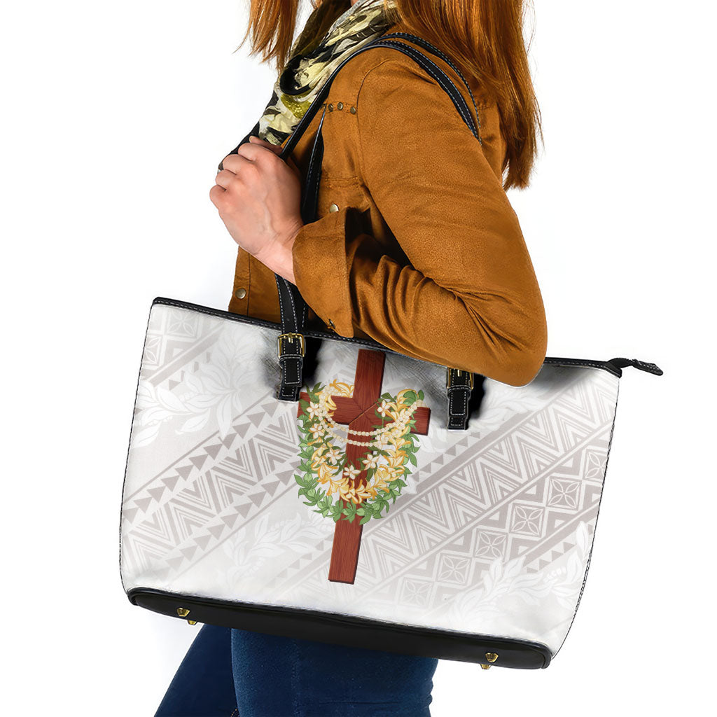 Hawaii Ka Pule a ka Haku Memorial Leather Tote Bag Flower Lei Cross - Ivory White LT7 Ivory - Polynesian Pride