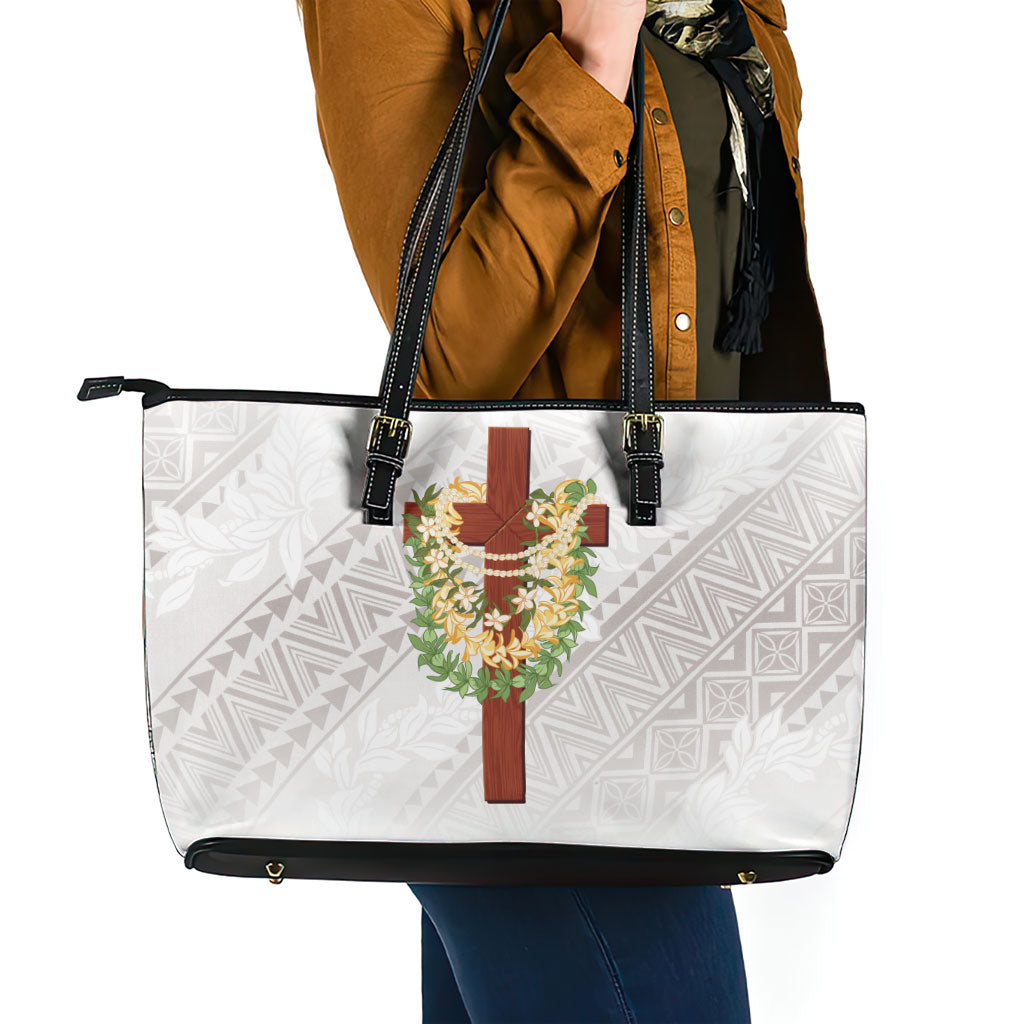 Hawaii Ka Pule a ka Haku Memorial Leather Tote Bag Flower Lei Cross - Ivory White LT7 - Polynesian Pride