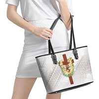 Hawaii Ka Pule a ka Haku Memorial Leather Tote Bag Flower Lei Cross - Ivory White LT7 - Polynesian Pride