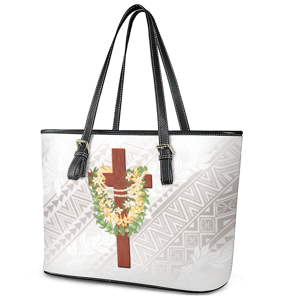Hawaii Ka Pule a ka Haku Memorial Leather Tote Bag Flower Lei Cross - Ivory White LT7 - Polynesian Pride