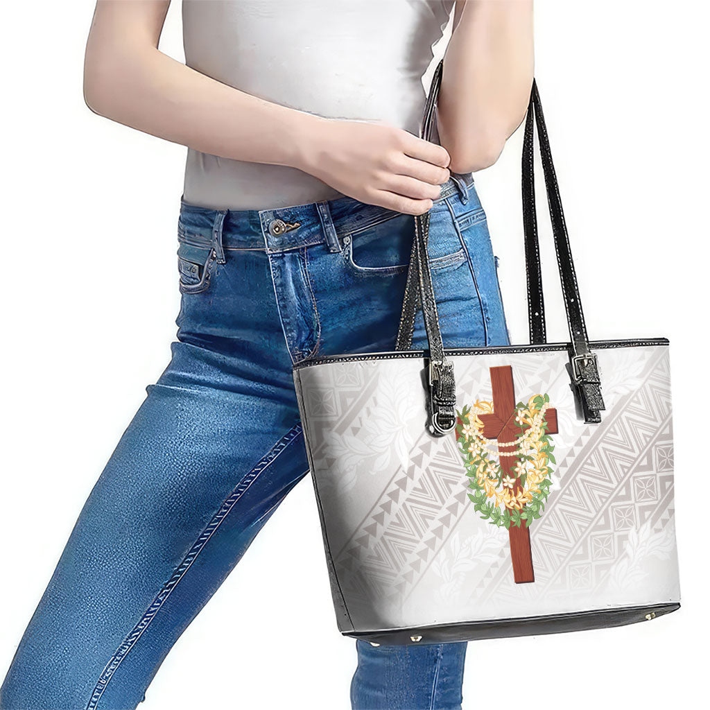 Hawaii Ka Pule a ka Haku Memorial Leather Tote Bag Flower Lei Cross - Ivory White LT7 - Polynesian Pride