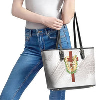 Hawaii Ka Pule a ka Haku Memorial Leather Tote Bag Flower Lei Cross - Ivory White LT7 - Polynesian Pride