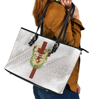 Hawaii Ka Pule a ka Haku Memorial Leather Tote Bag Flower Lei Cross - Ivory White LT7 - Polynesian Pride