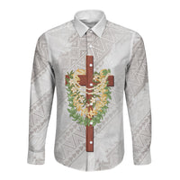Hawaii Ka Pule a ka Haku Memorial Long Sleeve Button Shirt Flower Lei Cross - Ivory White LT7 Unisex Ivory - Polynesian Pride