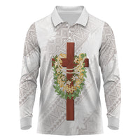 Hawaii Ka Pule a ka Haku Memorial Long Sleeve Polo Shirt Flower Lei Cross - Ivory White LT7 Ivory - Polynesian Pride