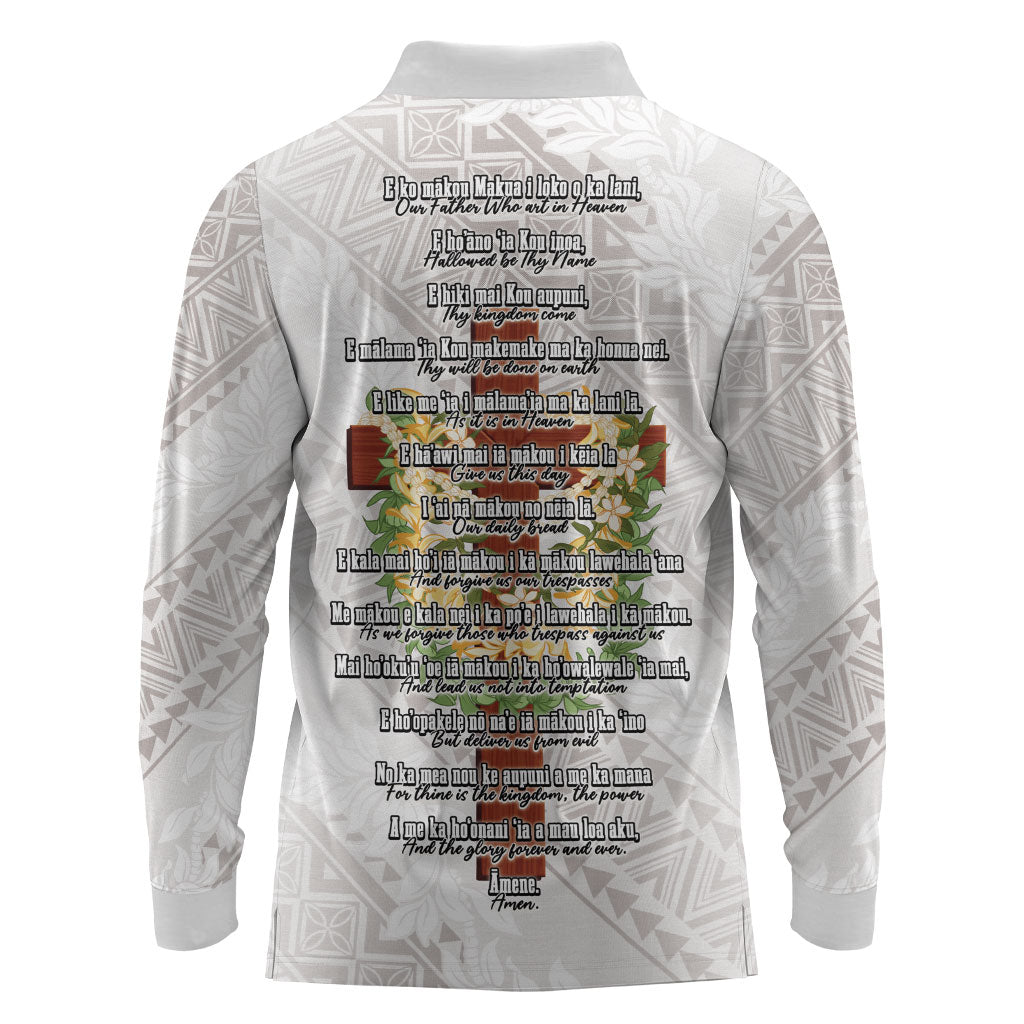 Hawaii Ka Pule a ka Haku Memorial Long Sleeve Polo Shirt Flower Lei Cross - Ivory White LT7 - Polynesian Pride