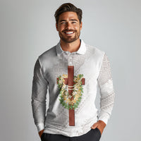 Hawaii Ka Pule a ka Haku Memorial Long Sleeve Polo Shirt Flower Lei Cross - Ivory White LT7 - Polynesian Pride