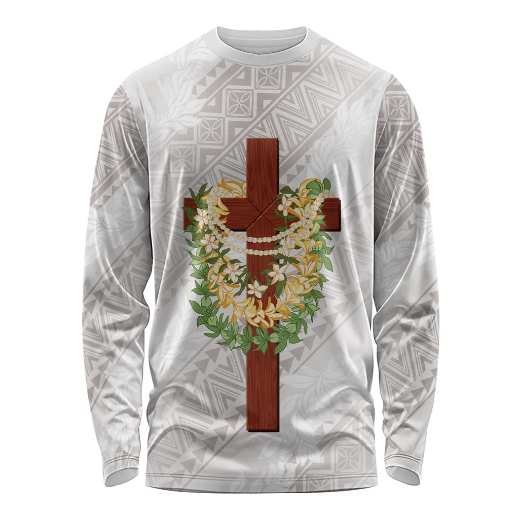 Hawaii Ka Pule a ka Haku Memorial Long Sleeve Shirt Flower Lei Cross - Ivory White LT7 Unisex Ivory - Polynesian Pride