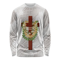 Hawaii Ka Pule a ka Haku Memorial Long Sleeve Shirt Flower Lei Cross - Ivory White LT7 Unisex Ivory - Polynesian Pride
