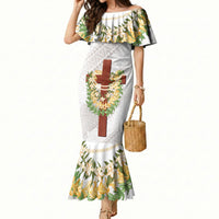 Hawaii Ka Pule a ka Haku Memorial Mermaid Dress Flower Lei Cross - Ivory White LT7 Women Ivory - Polynesian Pride