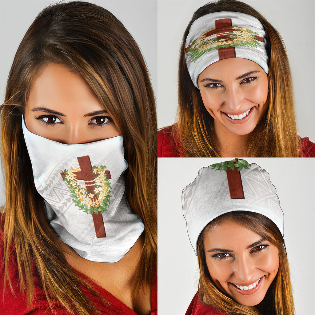 Hawaii Ka Pule a ka Haku Memorial Neck Gaiter Flower Lei Cross - Ivory White LT7 - Polynesian Pride