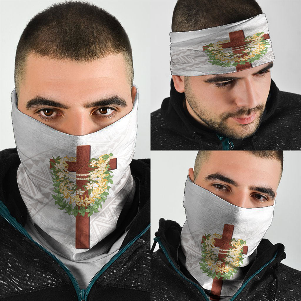 Hawaii Ka Pule a ka Haku Memorial Neck Gaiter Flower Lei Cross - Ivory White LT7 - Polynesian Pride