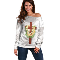 Hawaii Ka Pule a ka Haku Memorial Off Shoulder Sweater Flower Lei Cross - Ivory White LT7 Women Ivory - Polynesian Pride