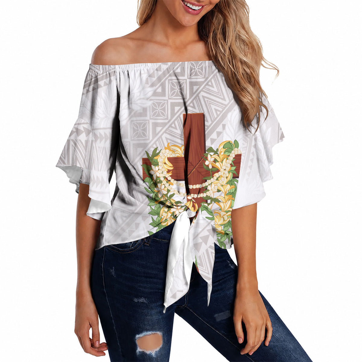 Hawaii Ka Pule a ka Haku Memorial Off Shoulder Wrap Waist Top Flower Lei Cross - Ivory White LT7 Ivory - Polynesian Pride