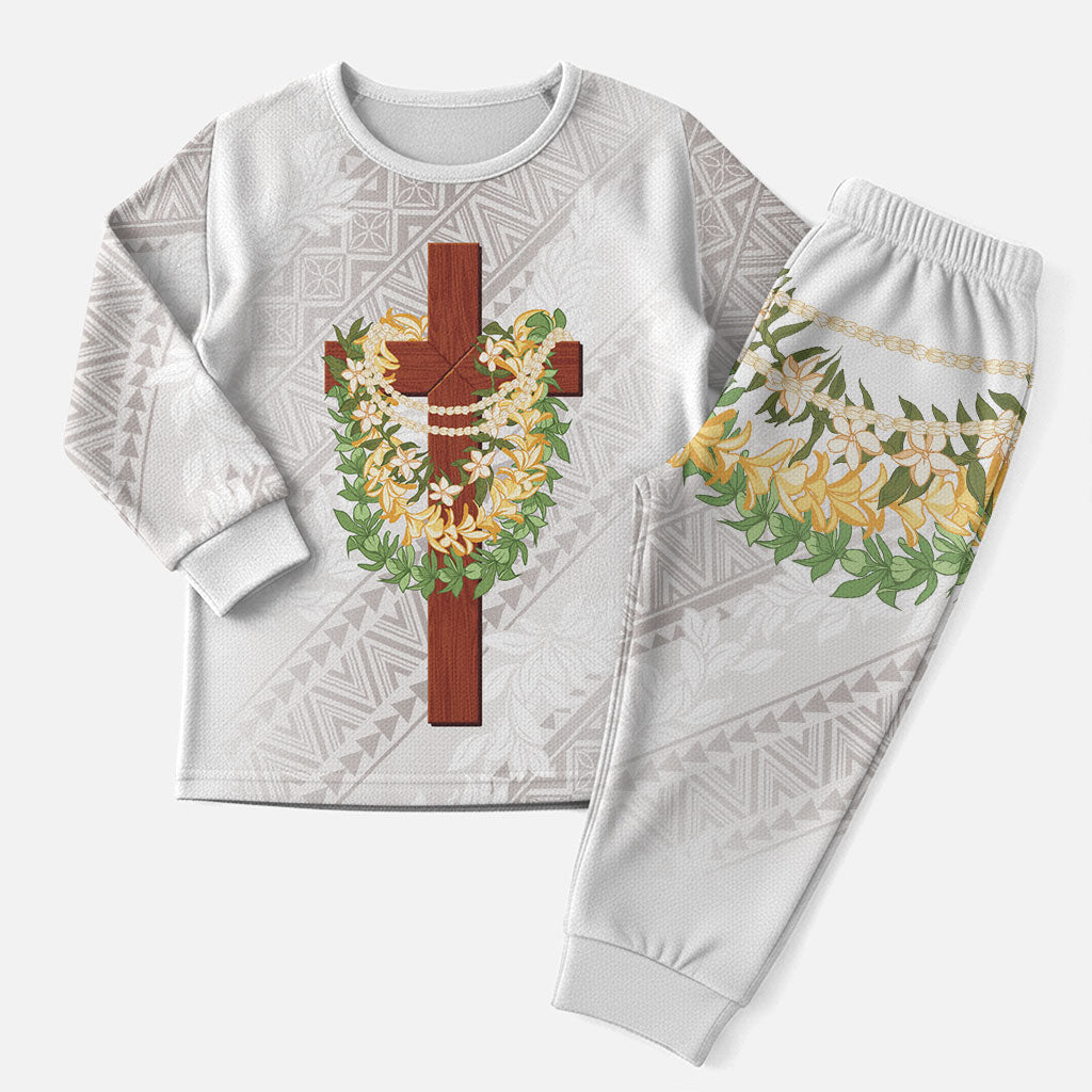 Hawaii ⁠Ka Pule a ka Haku Memorial Christmas Pajama Set Flower Lei Cross - Ivory White