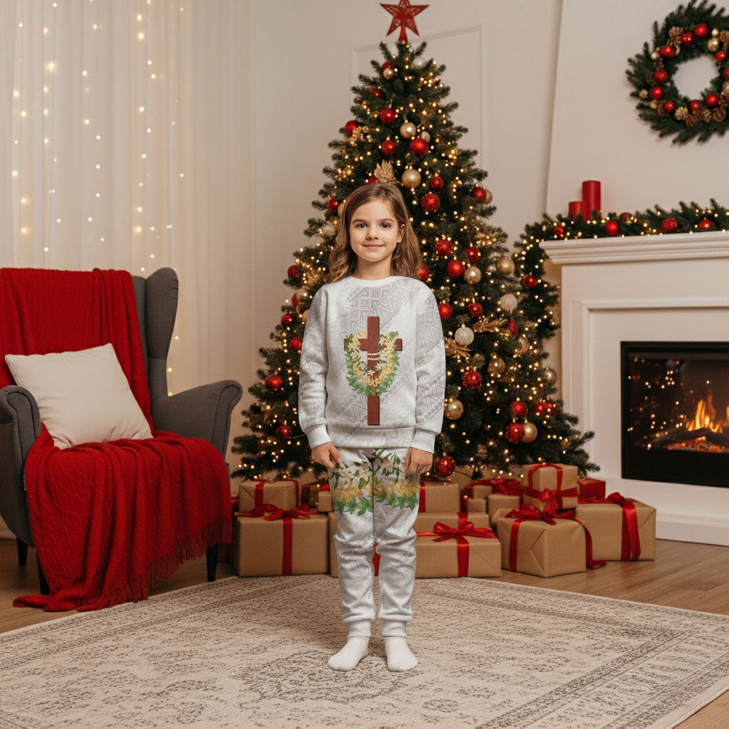 Hawaii ⁠Ka Pule a ka Haku Memorial Christmas Pajama Set Flower Lei Cross - Ivory White