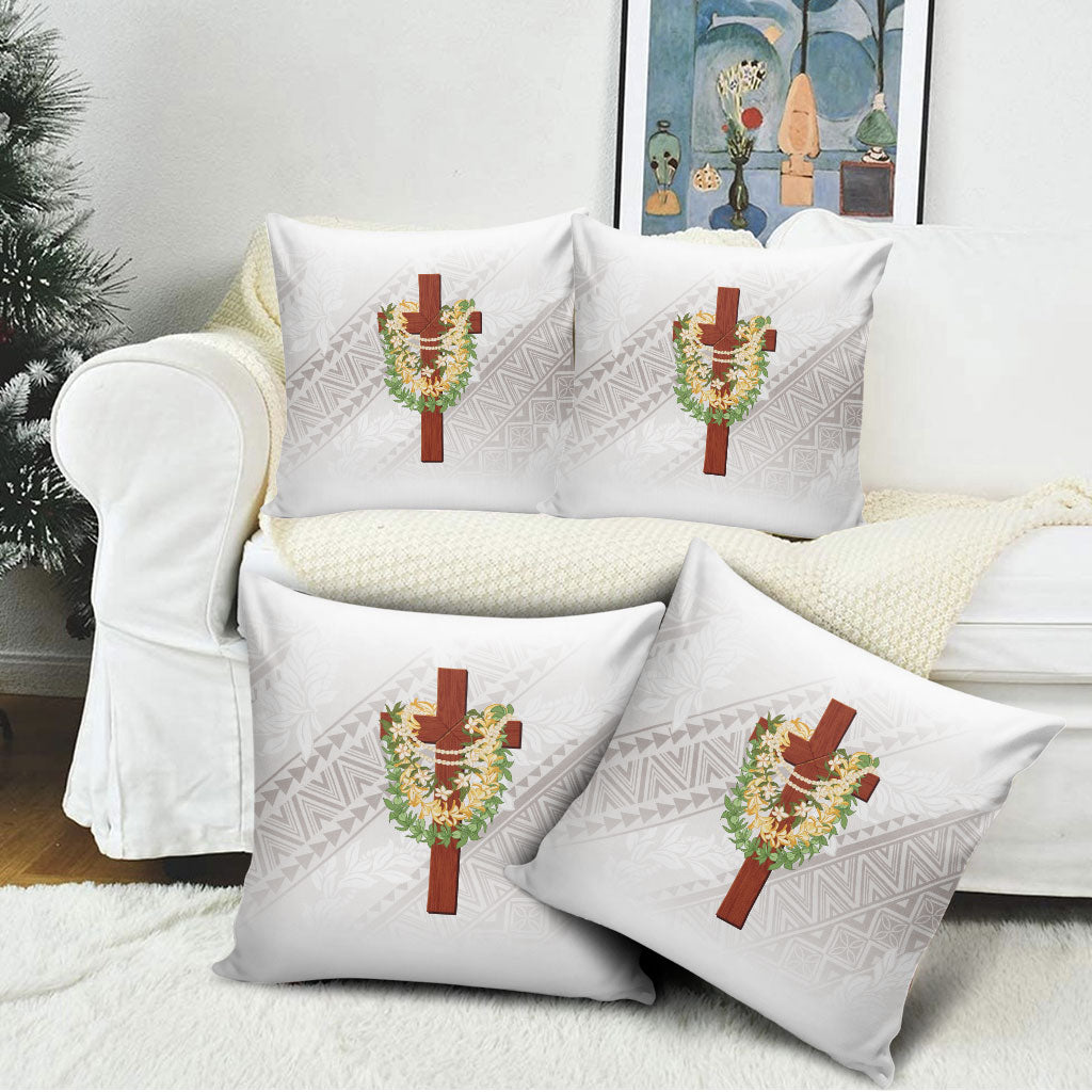 Hawaii Ka Pule a ka Haku Memorial Pillow Cover Flower Lei Cross - Ivory White LT7 - Polynesian Pride