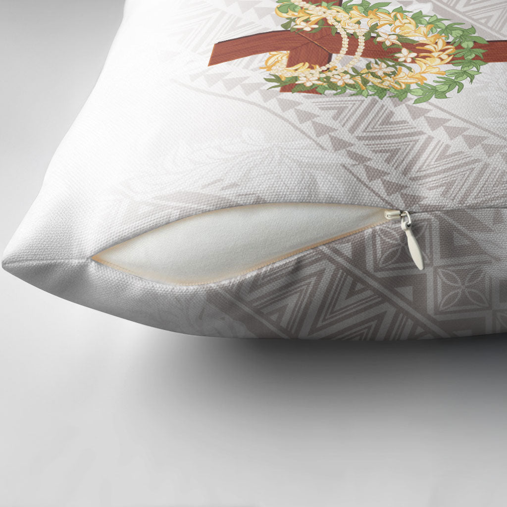 Hawaii Ka Pule a ka Haku Memorial Pillow Cover Flower Lei Cross - Ivory White LT7 - Polynesian Pride