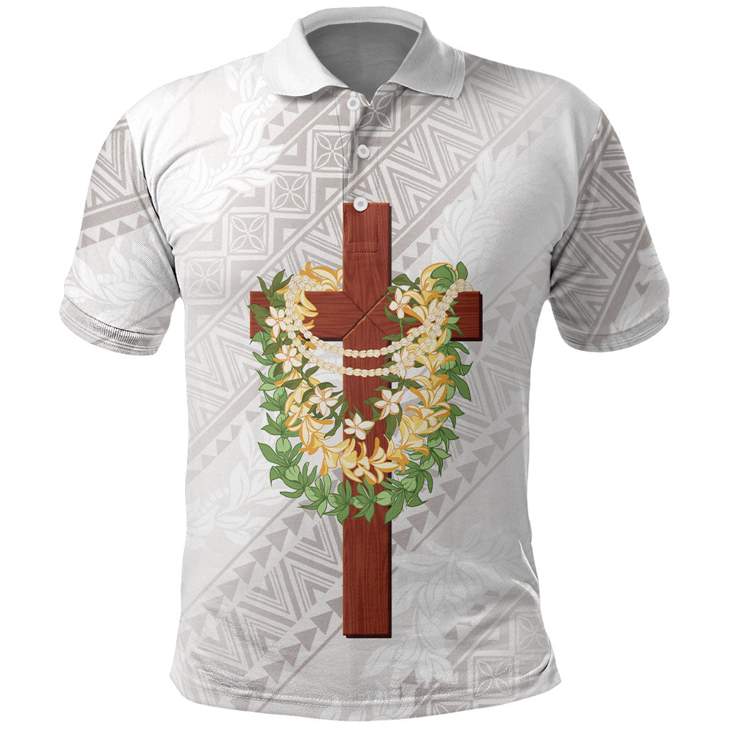 Hawaii Ka Pule a ka Haku Memorial Polo Shirt Flower Lei Cross - Ivory White LT7 Ivory - Polynesian Pride